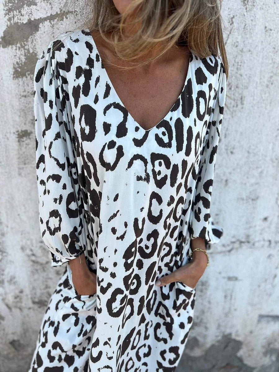 Leopard Print Loose V-neck Pocket Holiday Style Maxi Dress