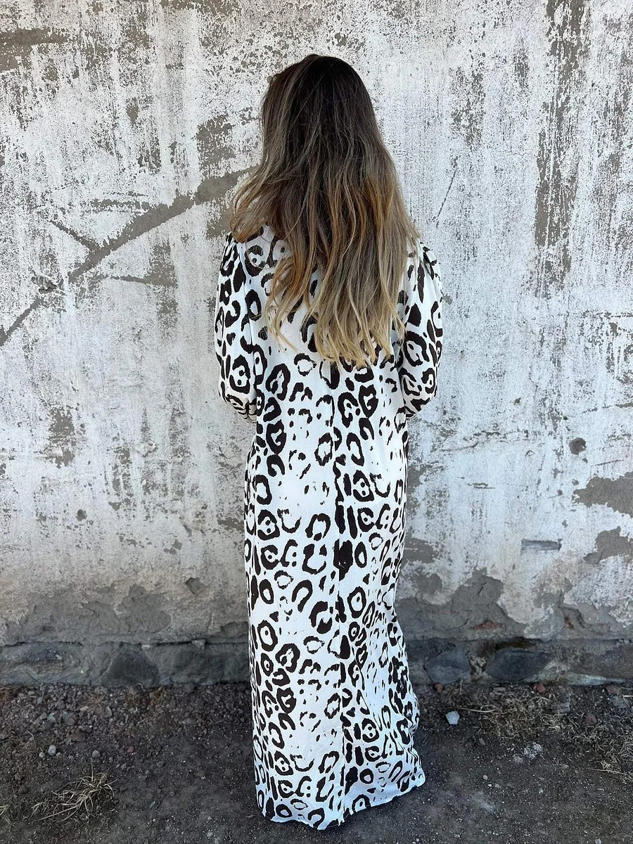 Leopard Print Loose V-neck Pocket Holiday Style Maxi Dress