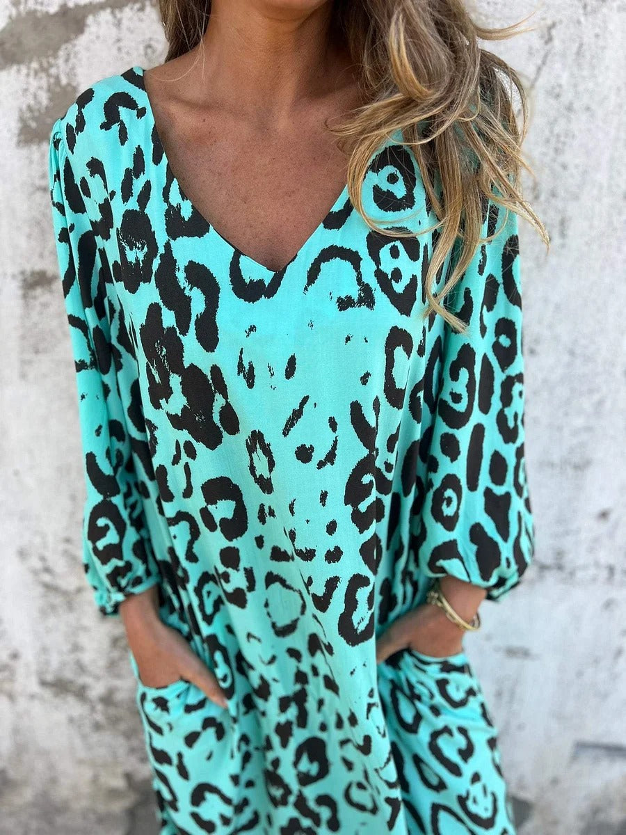 Leopard Print Loose V-neck Pocket Holiday Style Maxi Dress