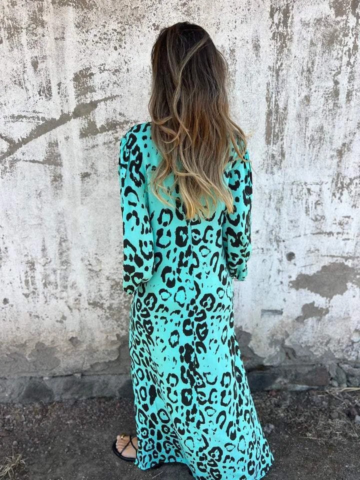 Leopard Print Loose V-neck Pocket Holiday Style Maxi Dress