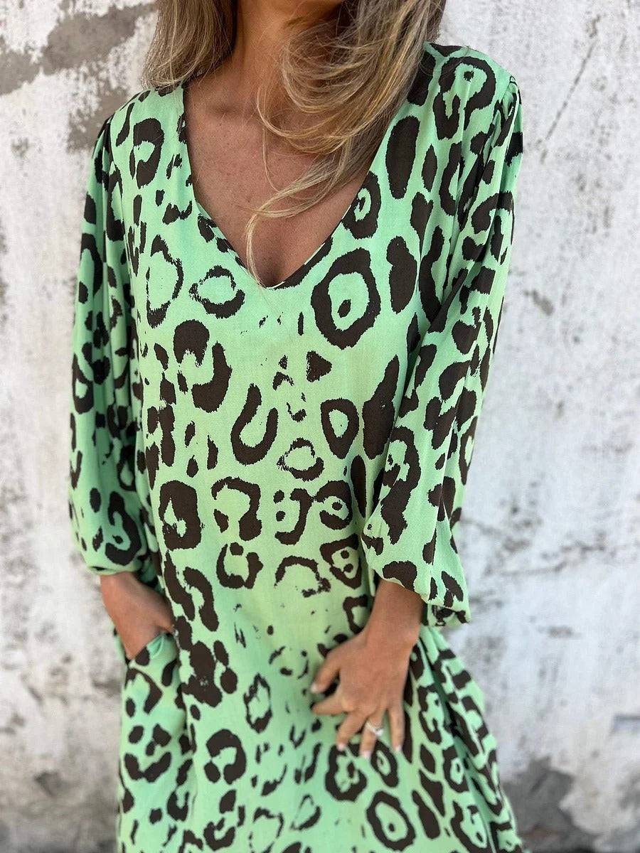 Leopard Print Loose V-neck Pocket Holiday Style Maxi Dress