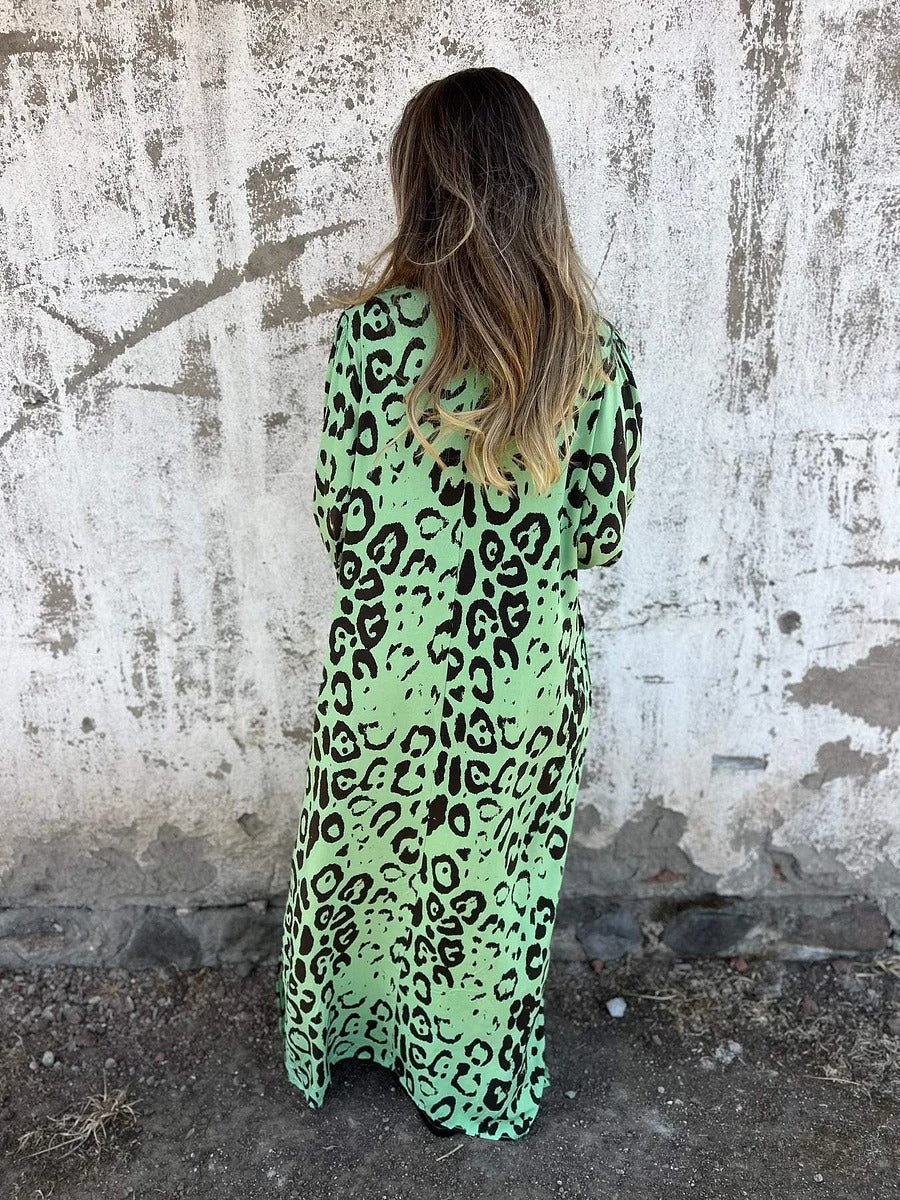 Leopard Print Loose V-neck Pocket Holiday Style Maxi Dress
