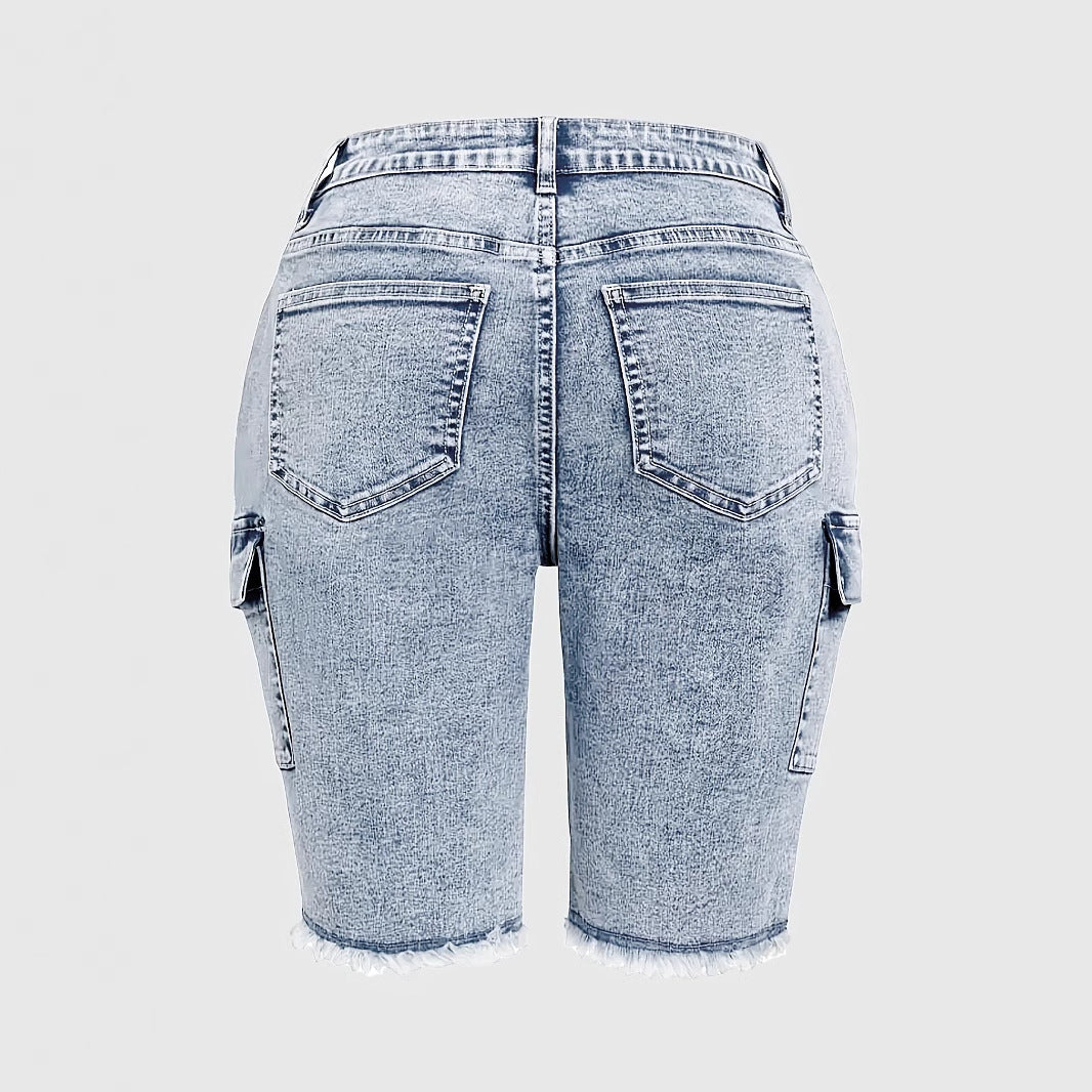 High Rise Jean Shorts Flat Flap Pocket Frayed Raw Hem Denim Shorts Bermuda Shorts