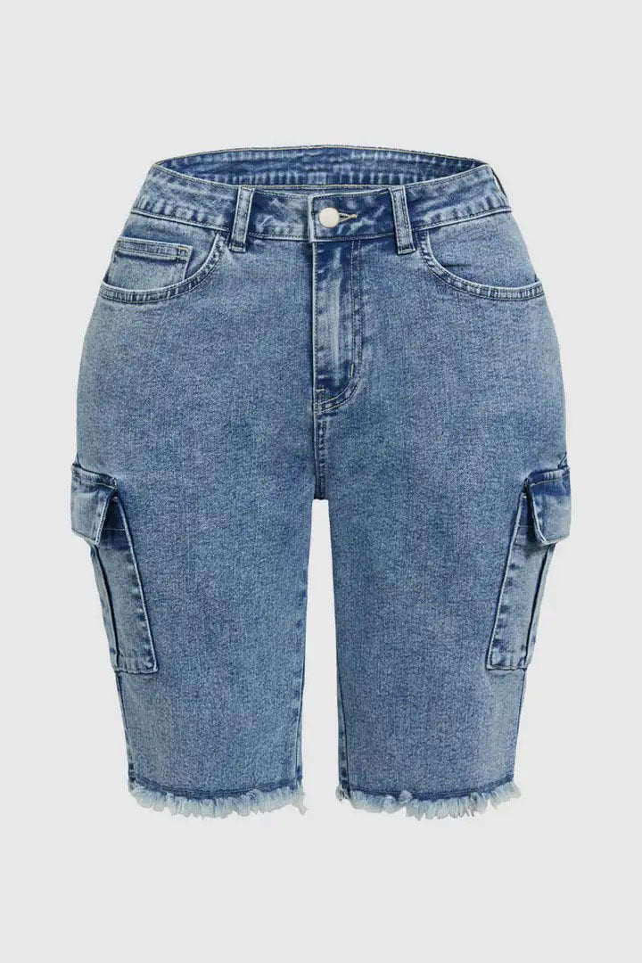 High Rise Jean Shorts Flat Flap Pocket Frayed Raw Hem Denim Shorts Bermuda Shorts
