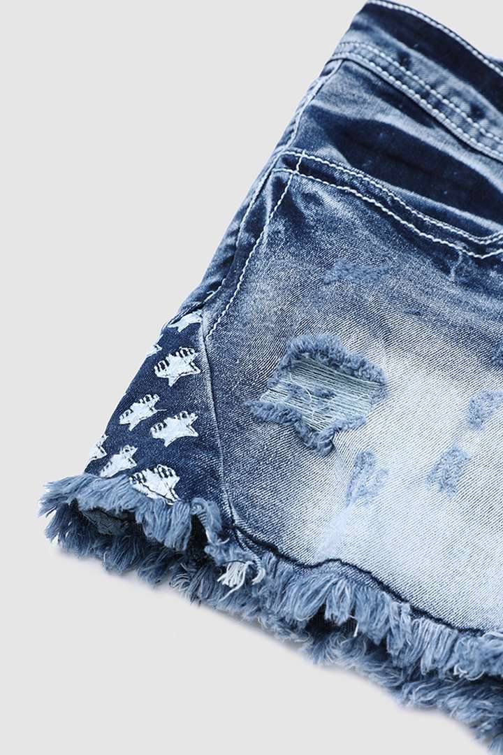 Star & Striped Embroidered Ripped Raw Hem Denim Shorts