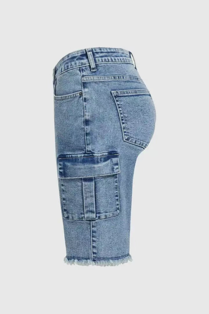High Rise Jean Shorts Flat Flap Pocket Frayed Raw Hem Denim Shorts Bermuda Shorts