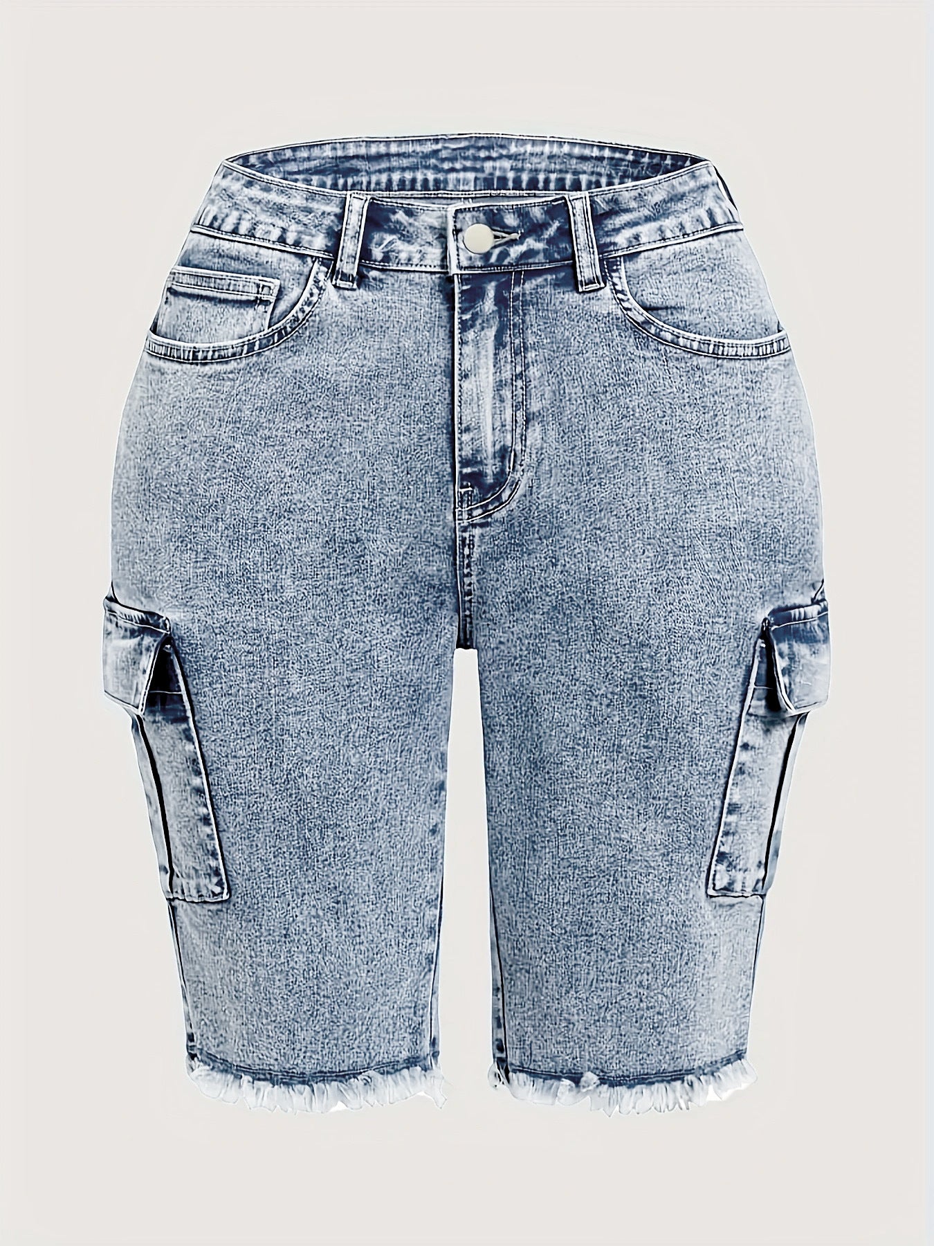 High Rise Jean Shorts Flat Flap Pocket Frayed Raw Hem Denim Shorts Bermuda Shorts