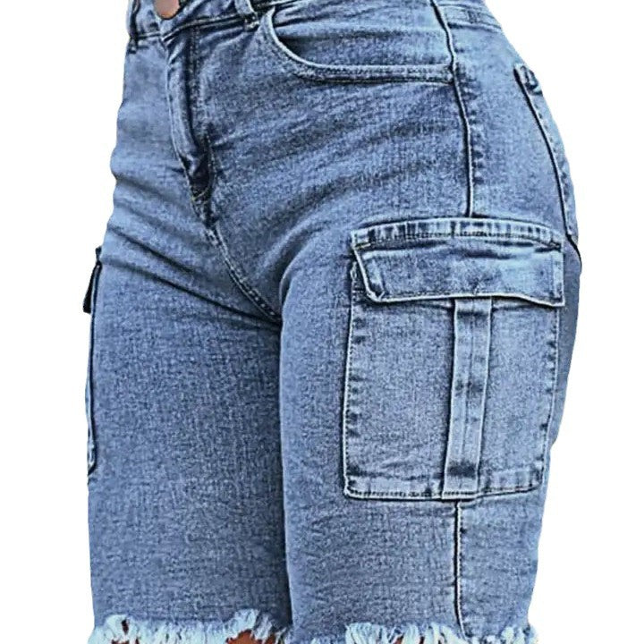 High Rise Jean Shorts Flat Flap Pocket Frayed Raw Hem Denim Shorts Bermuda Shorts