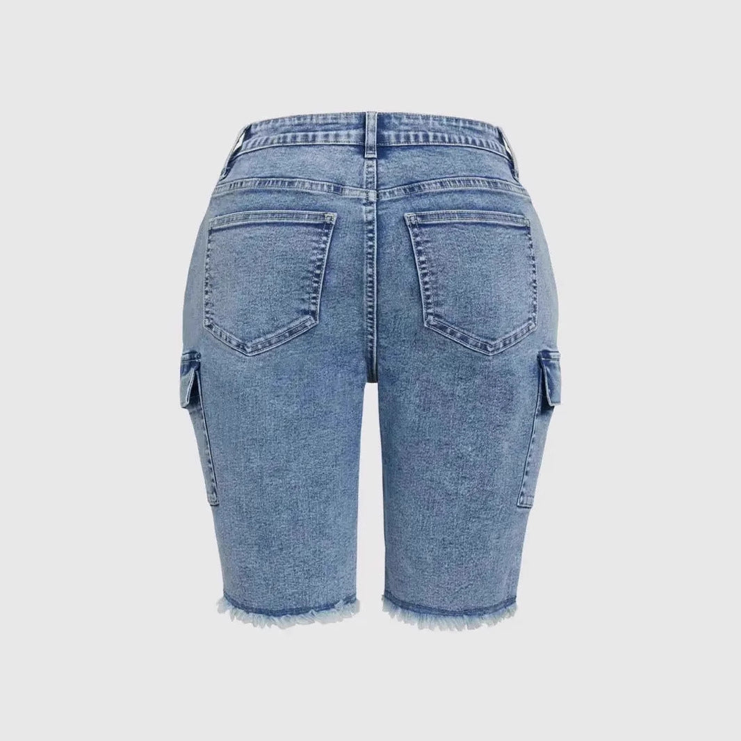 High Rise Jean Shorts Flat Flap Pocket Frayed Raw Hem Denim Shorts Bermuda Shorts