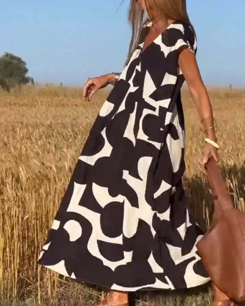 Casual Printing V Neck Mixi Dress