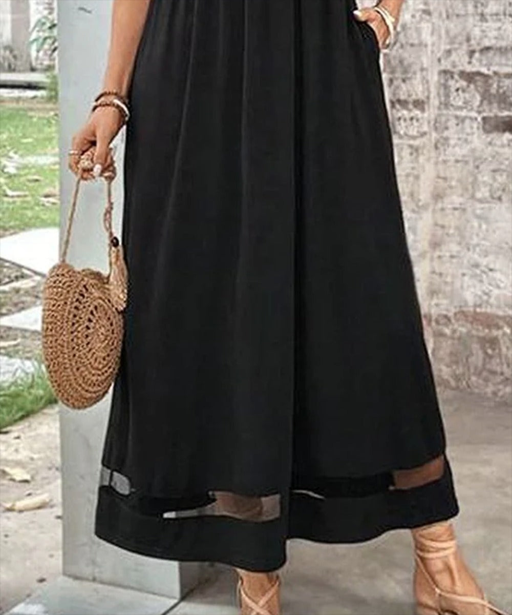 Cool Plain Black 3/4 Sleeve Maxi Dress