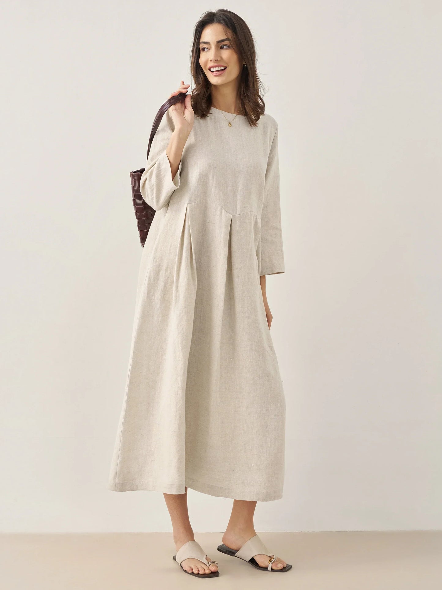 100% Linen Bateau Neck Pleated Maxi Dress