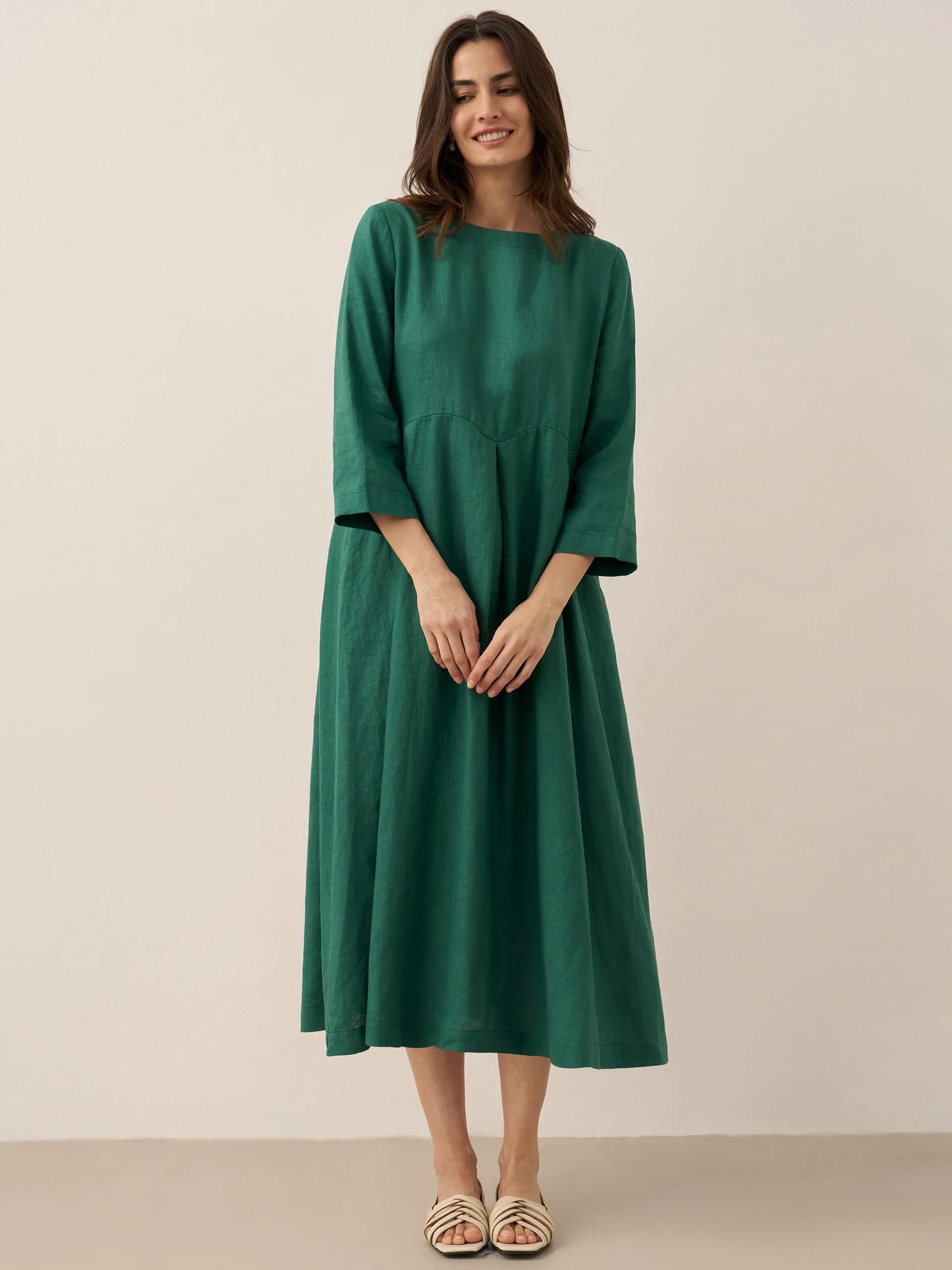 100% Linen Bateau Neck Pleated Maxi Dress