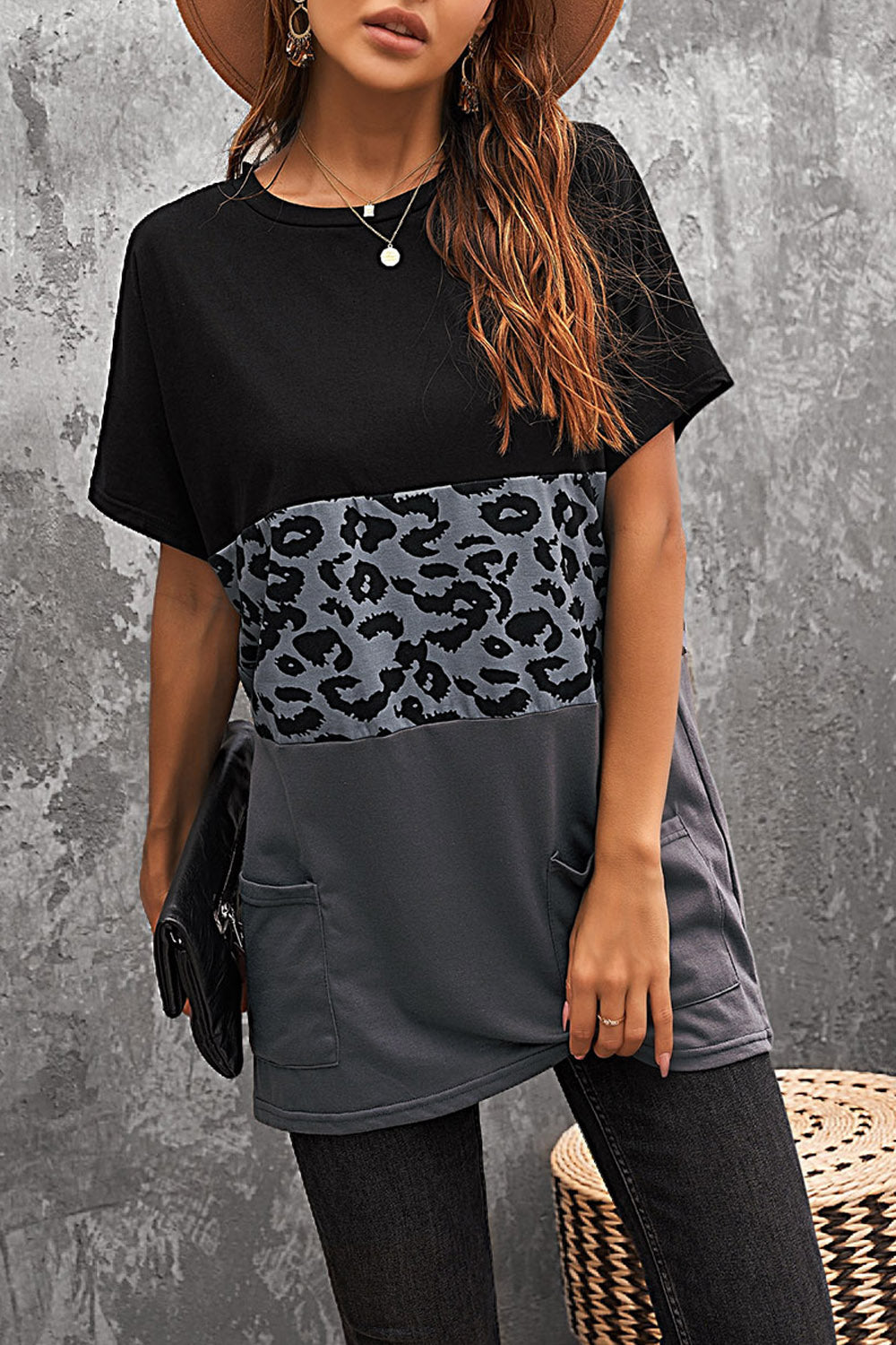 Triple Colorblock Splicing Short Sleeve Mini Dress with Pockets