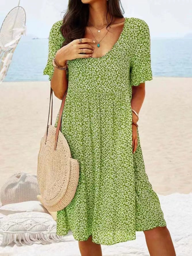 Trendy Print Round Neck Midi Dress