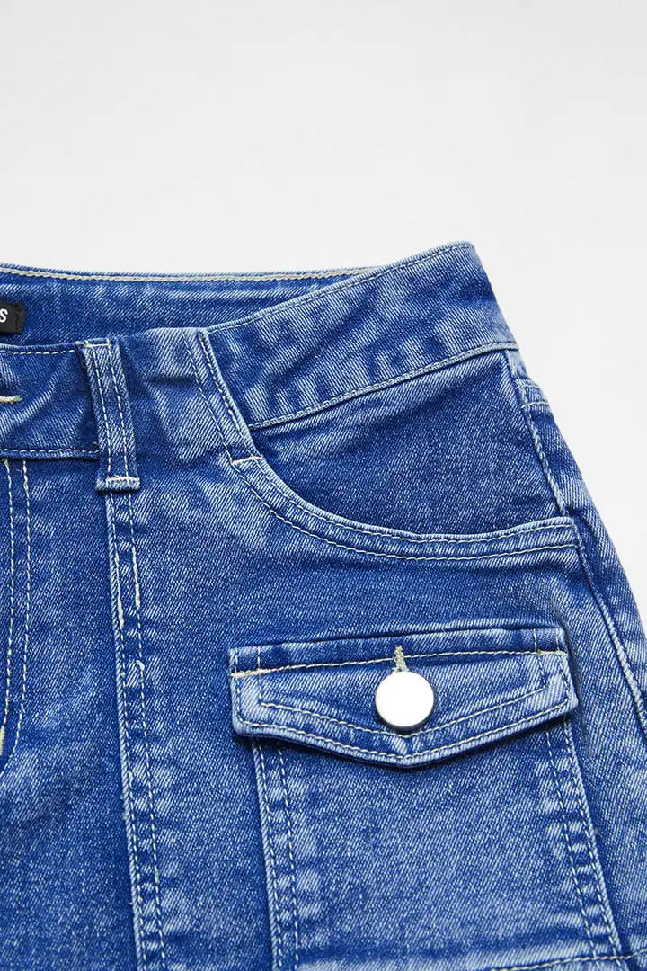 Wash Flap Pocket Front Mid Waist Denim Shorts