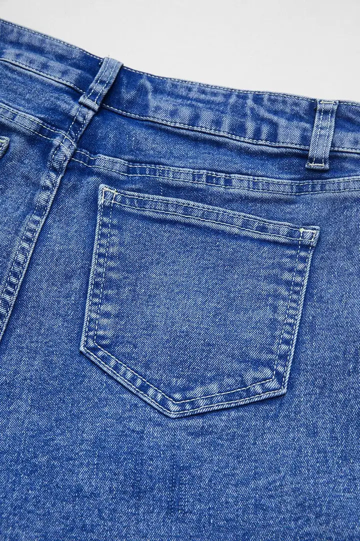 Wash Flap Pocket Front Mid Waist Denim Shorts