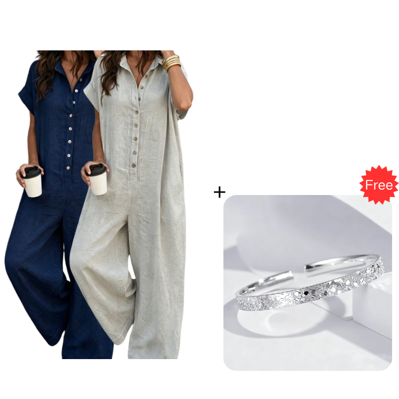 Women's Casual Loose Short Sleeve Button Jumpsuit – Comfortable, Flattering & Effortlessly Stylish