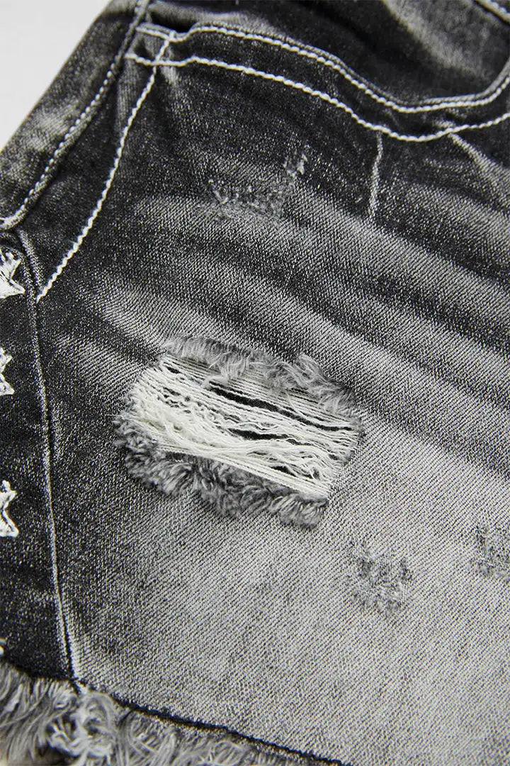 Star & Striped Embroidered Ripped Raw Hem Denim Shorts