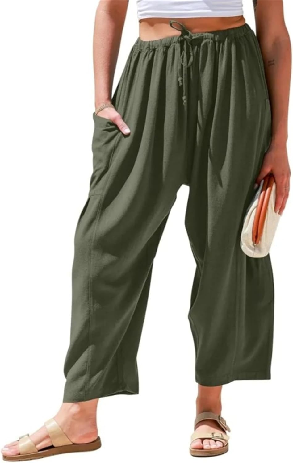 Womens Linen Wide Leg Pants Summer Casual with Pockets