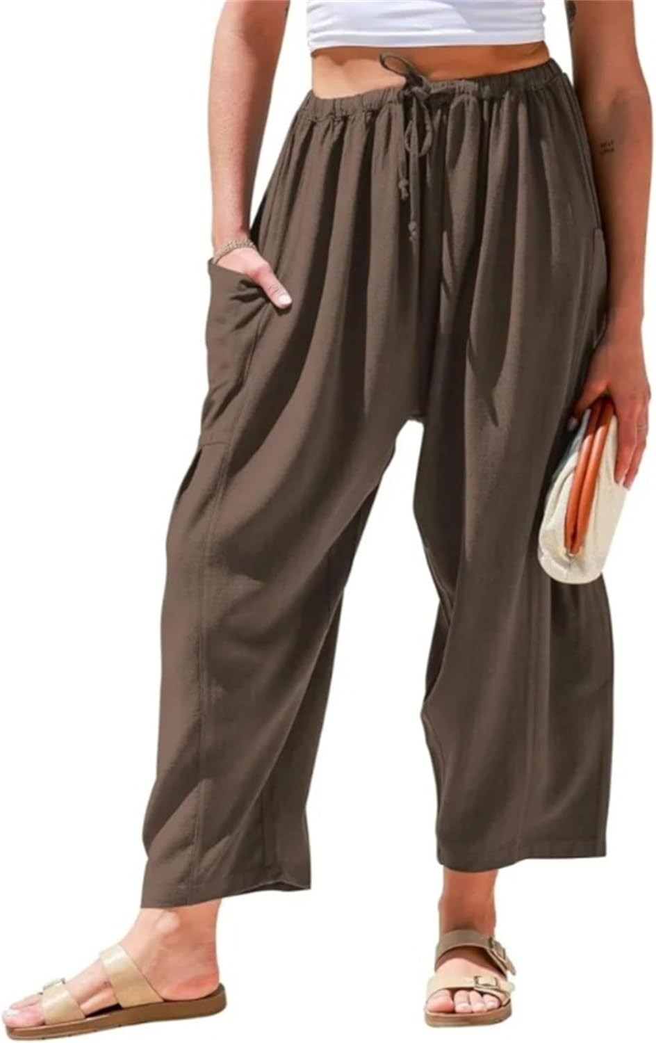 Womens Linen Wide Leg Pants Summer Casual with Pockets