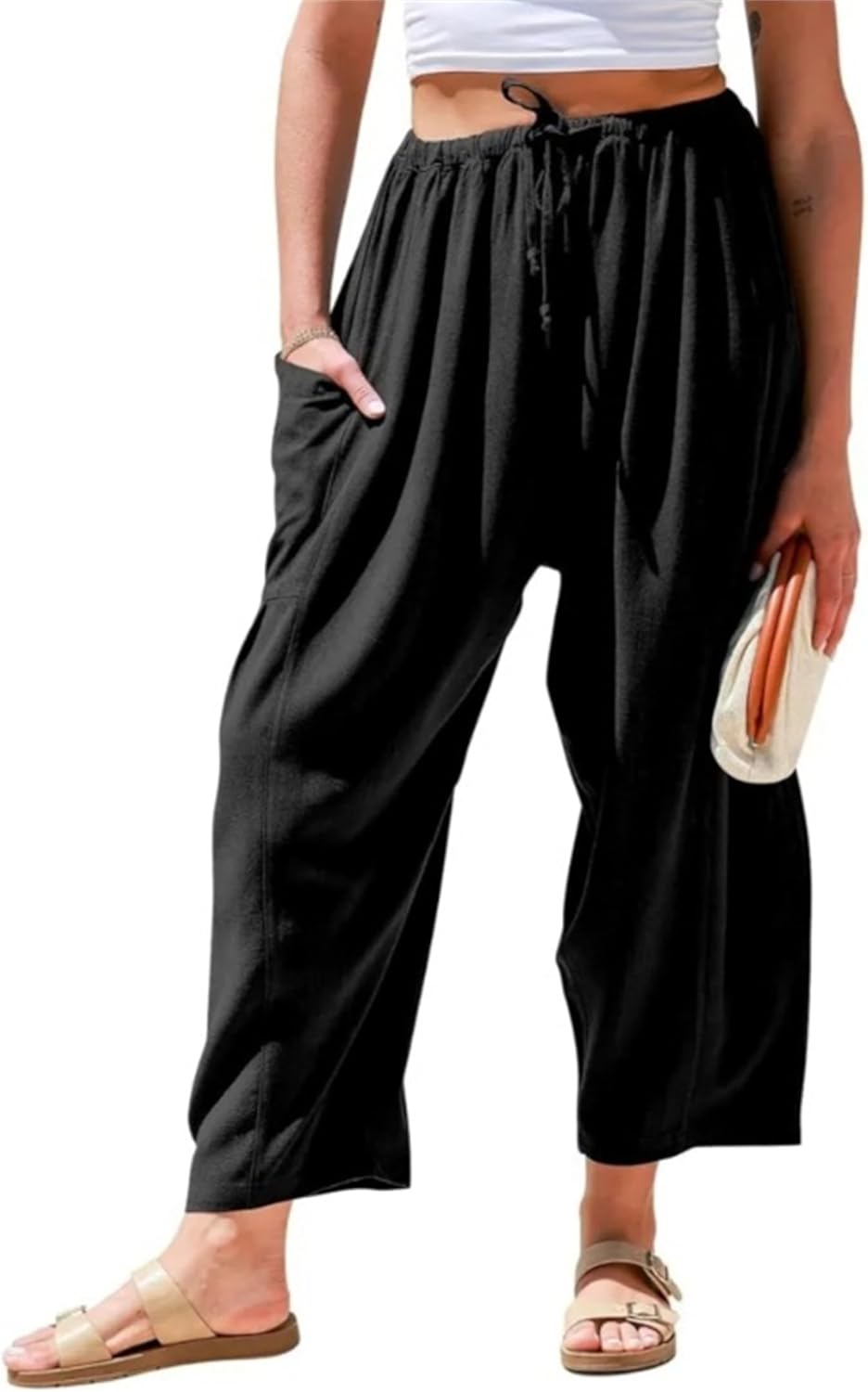 Womens Linen Wide Leg Pants Summer Casual with Pockets