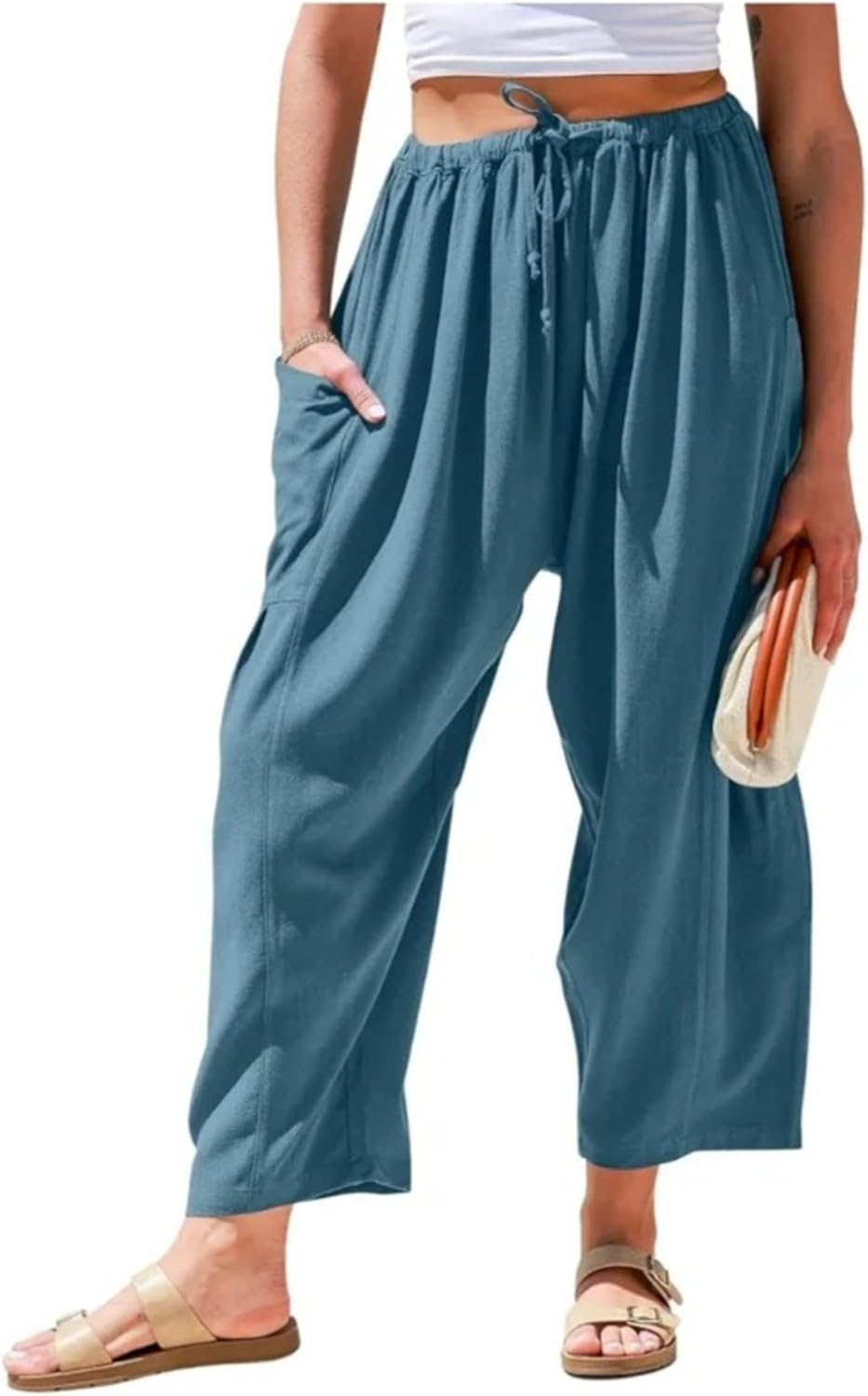 Womens Linen Wide Leg Pants Summer Casual with Pockets