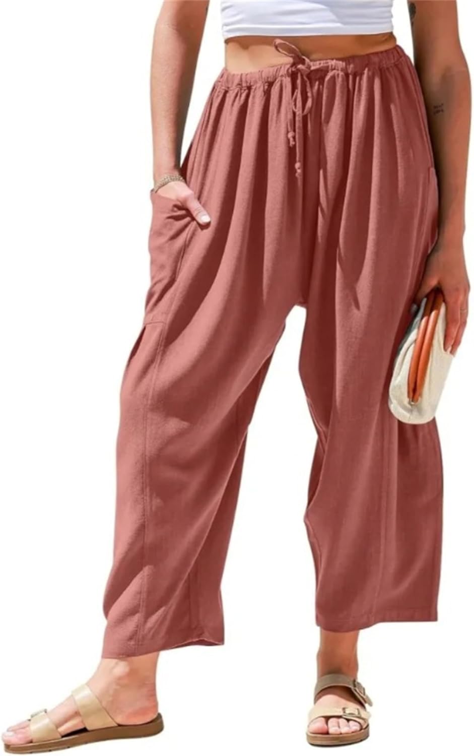 Womens Linen Wide Leg Pants Summer Casual with Pockets