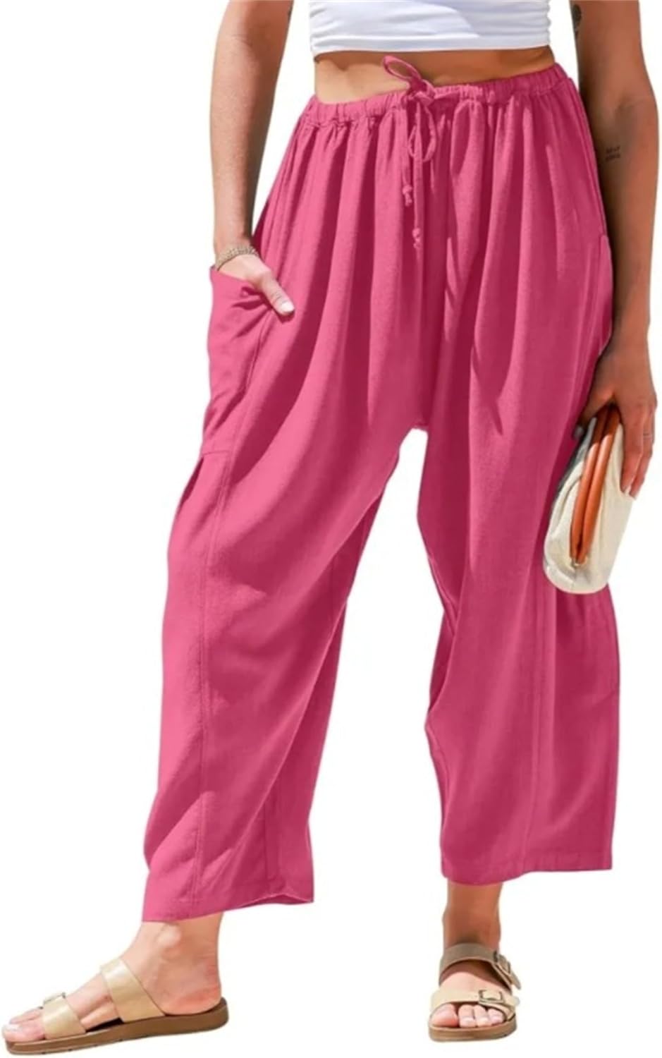 Womens Linen Wide Leg Pants Summer Casual with Pockets