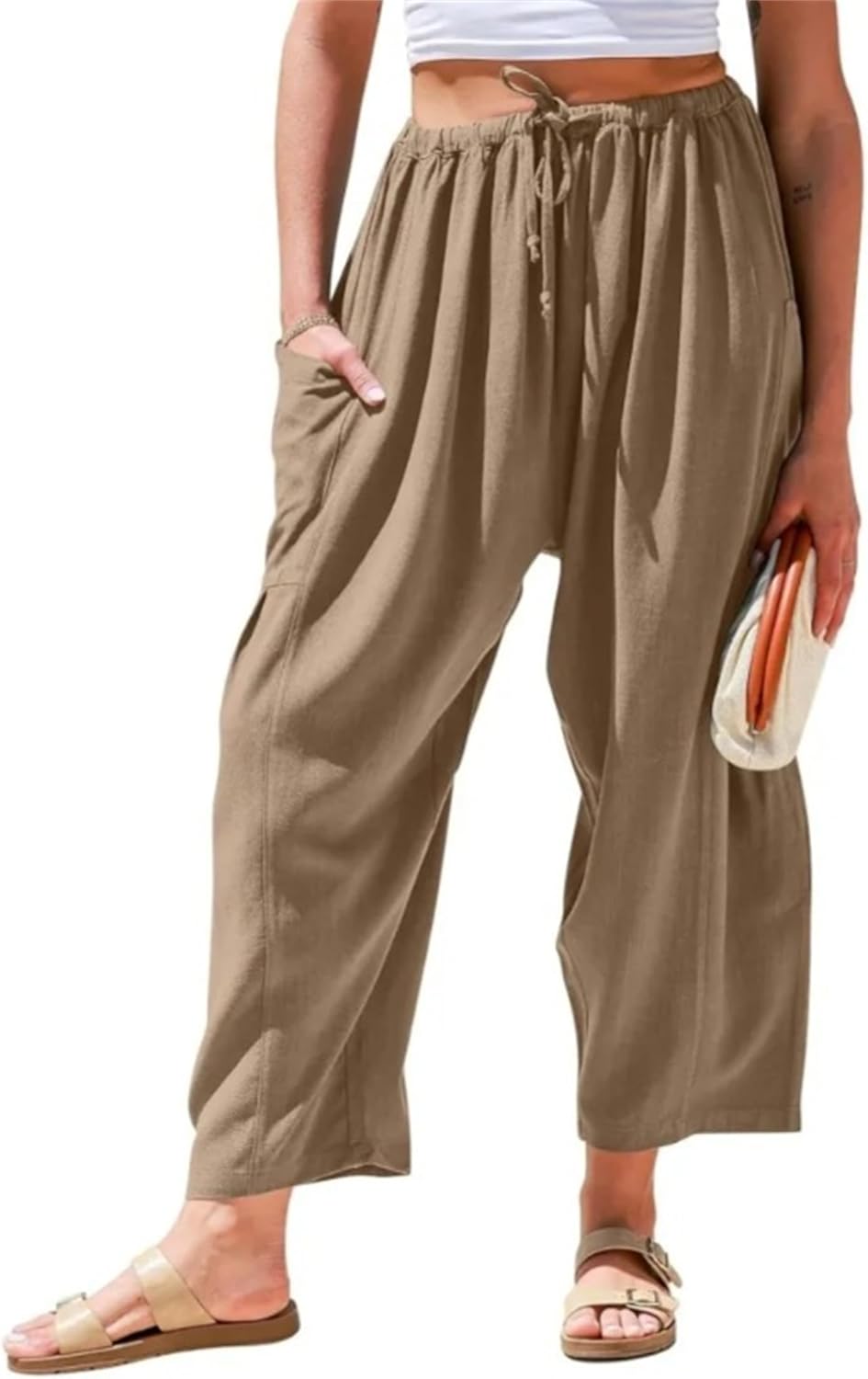 Womens Linen Wide Leg Pants Summer Casual with Pockets