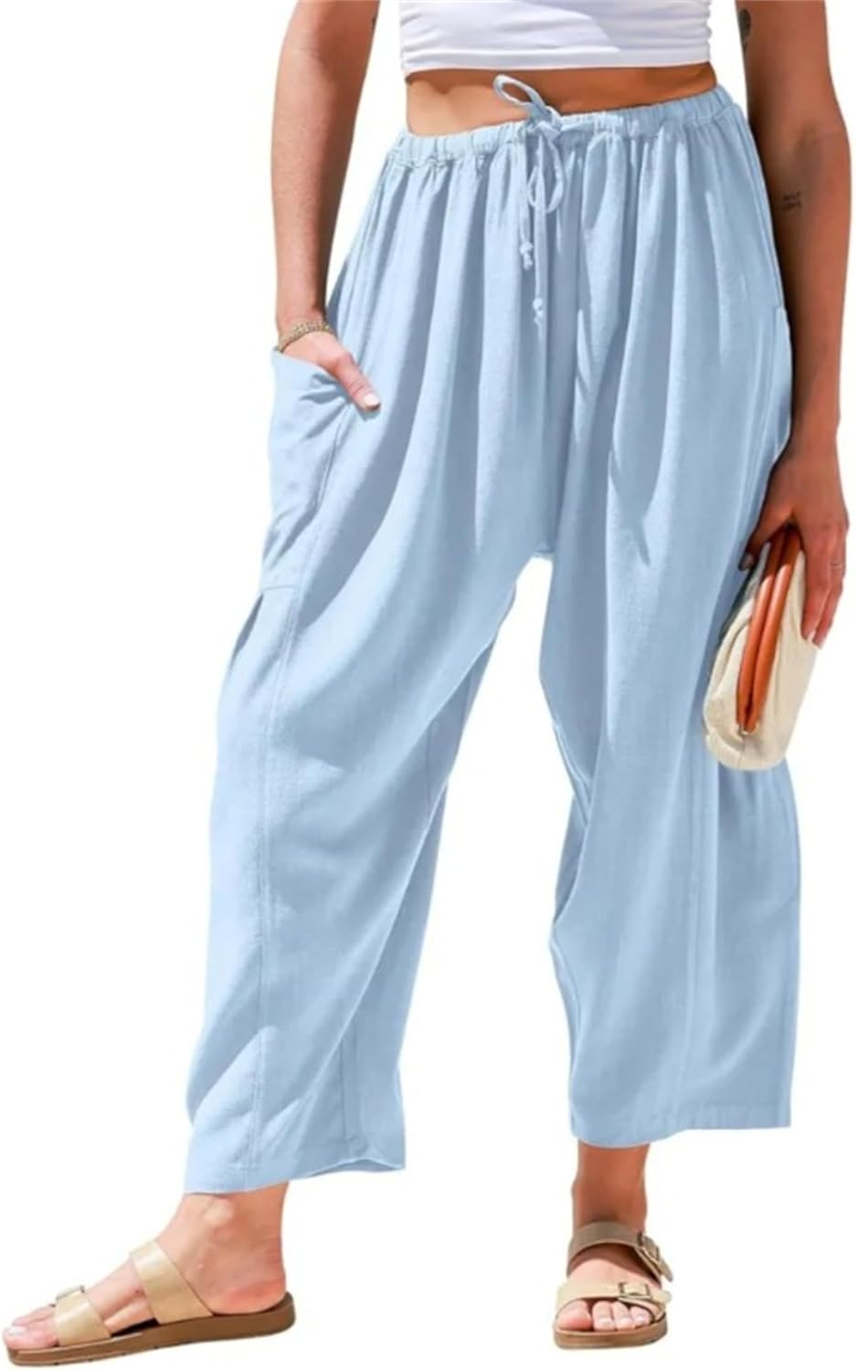 Womens Linen Wide Leg Pants Summer Casual with Pockets