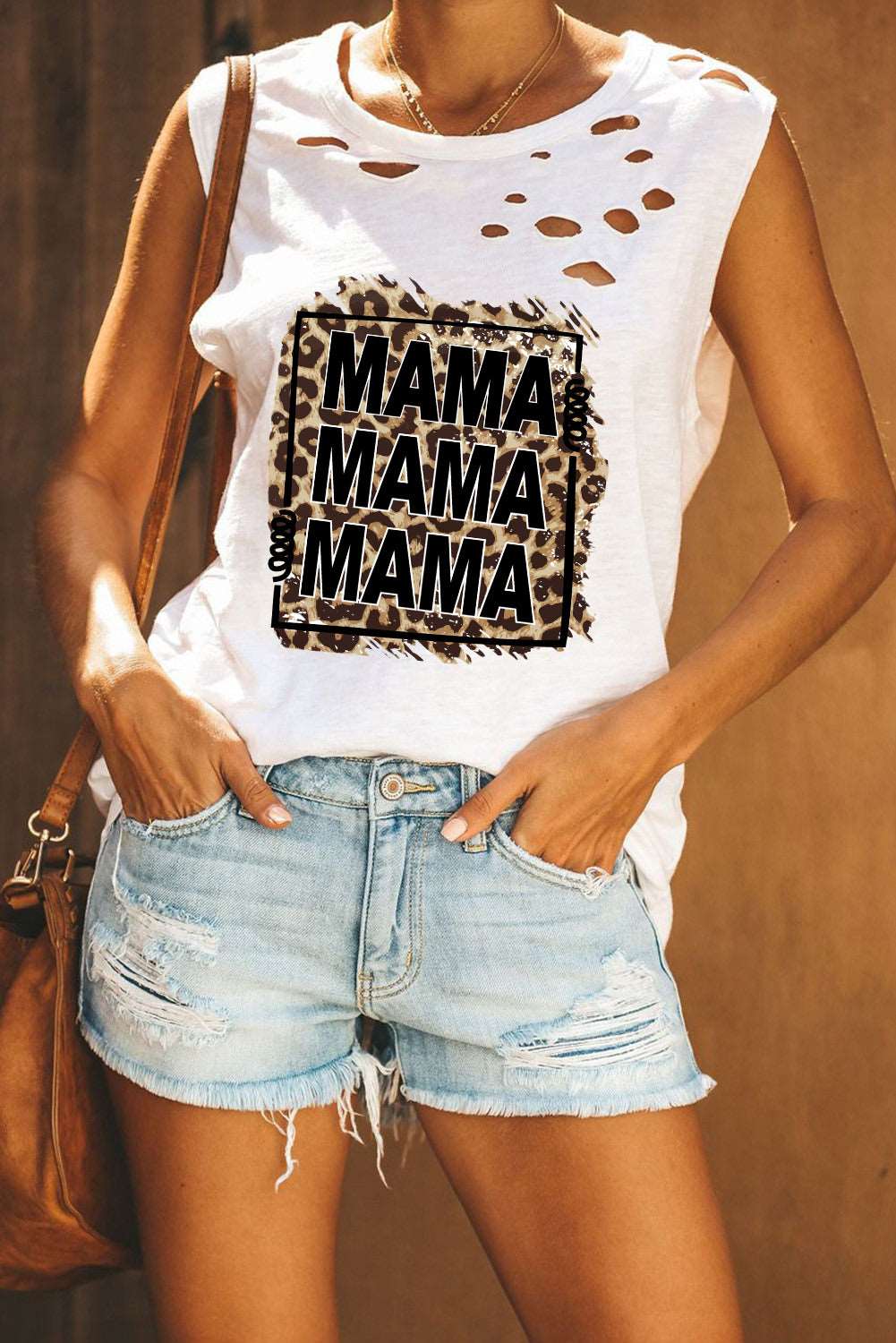 Broken Hole Detail Sleeveless Crew Neck Tank Top