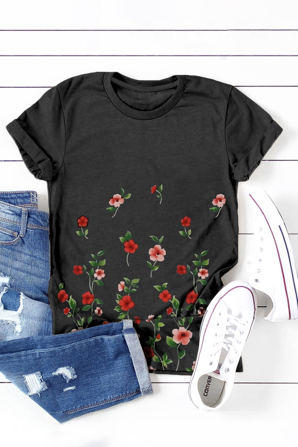 Floral Print Round Neck Short Sleeve Tunic Top