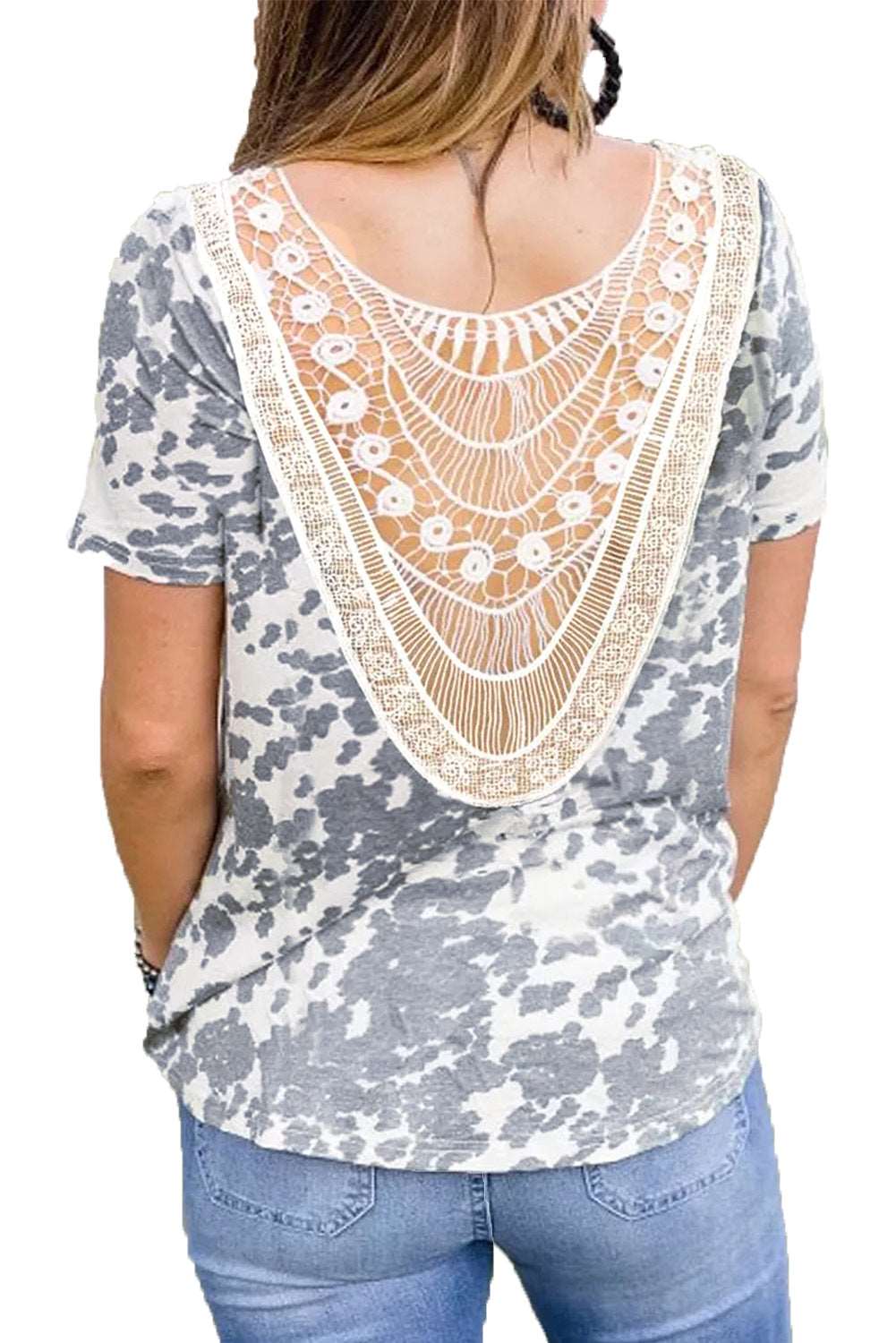 Crochet Lace Patchwork Cow Print Short Sleeve T-shirt
