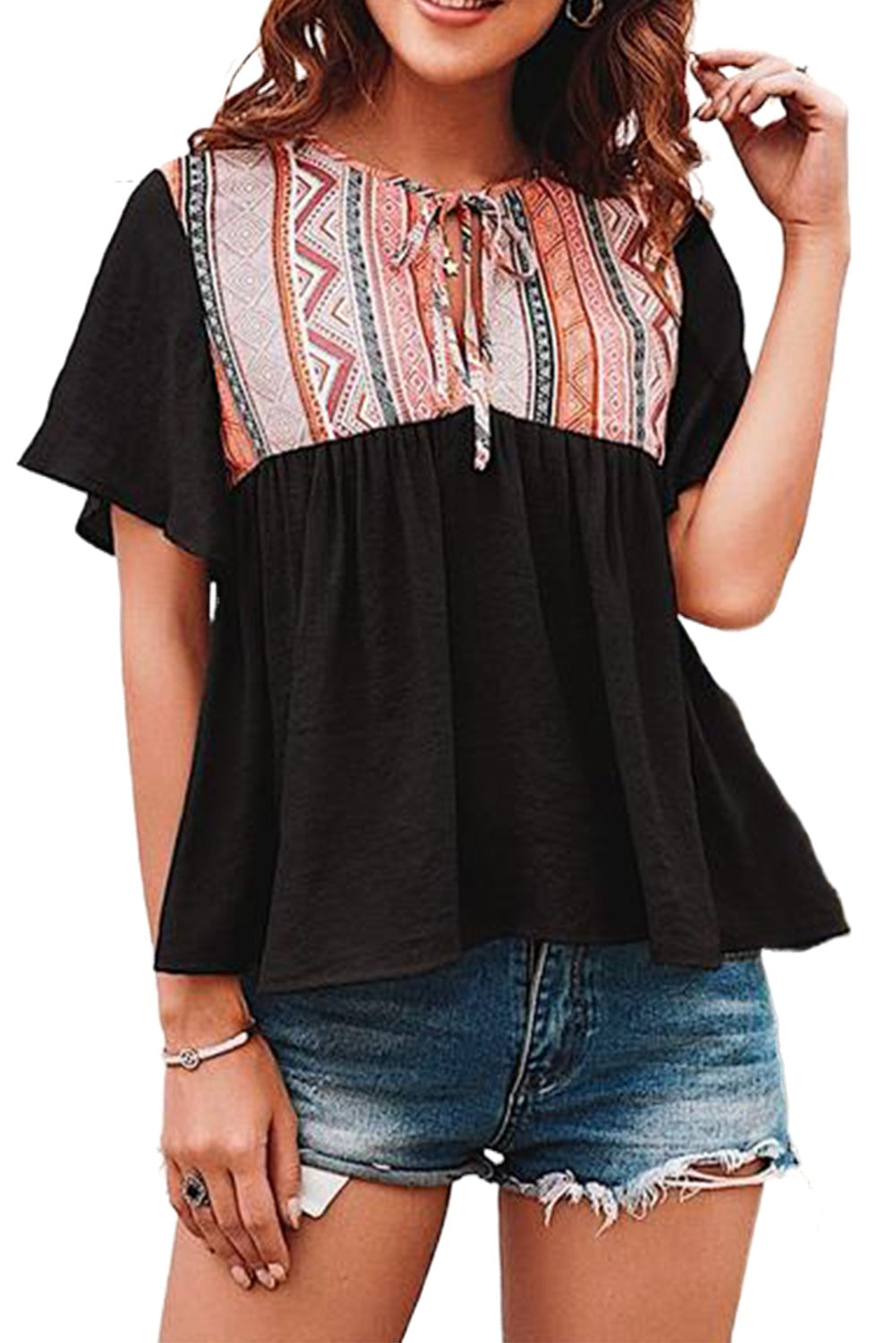 Western Serape Patchwork Flounce Short Sleeve Top