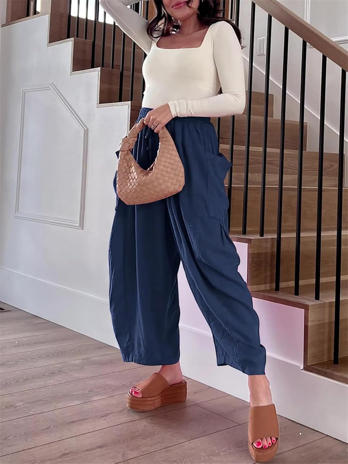 Womens Linen Wide Leg Pants Summer Casual with Pockets