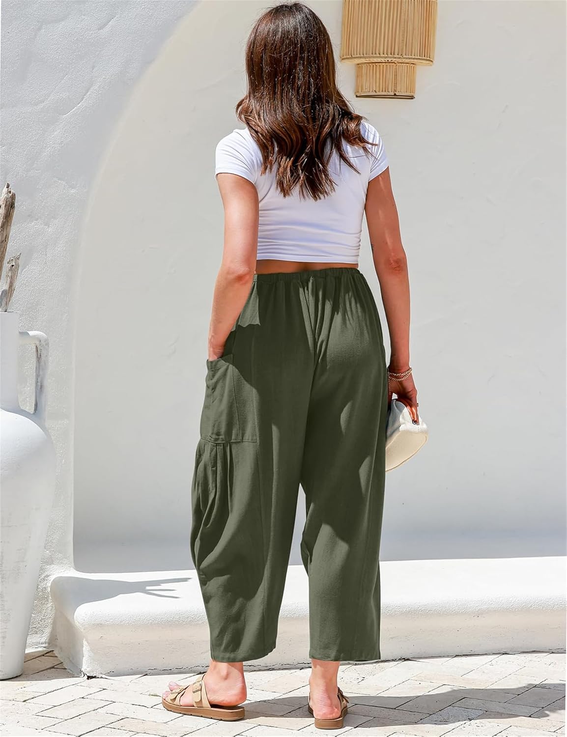 Womens Linen Wide Leg Pants Summer Casual with Pockets