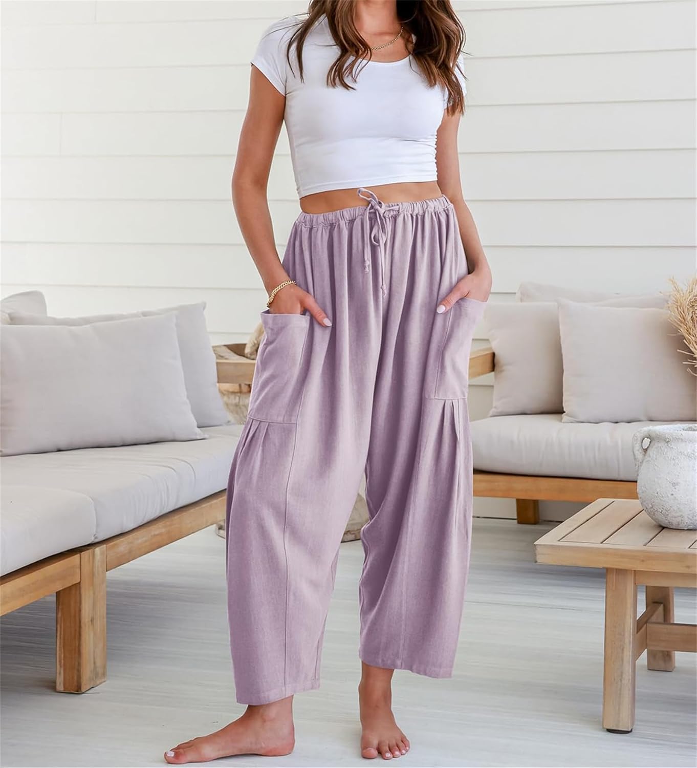 Womens Linen Wide Leg Pants Summer Casual with Pockets
