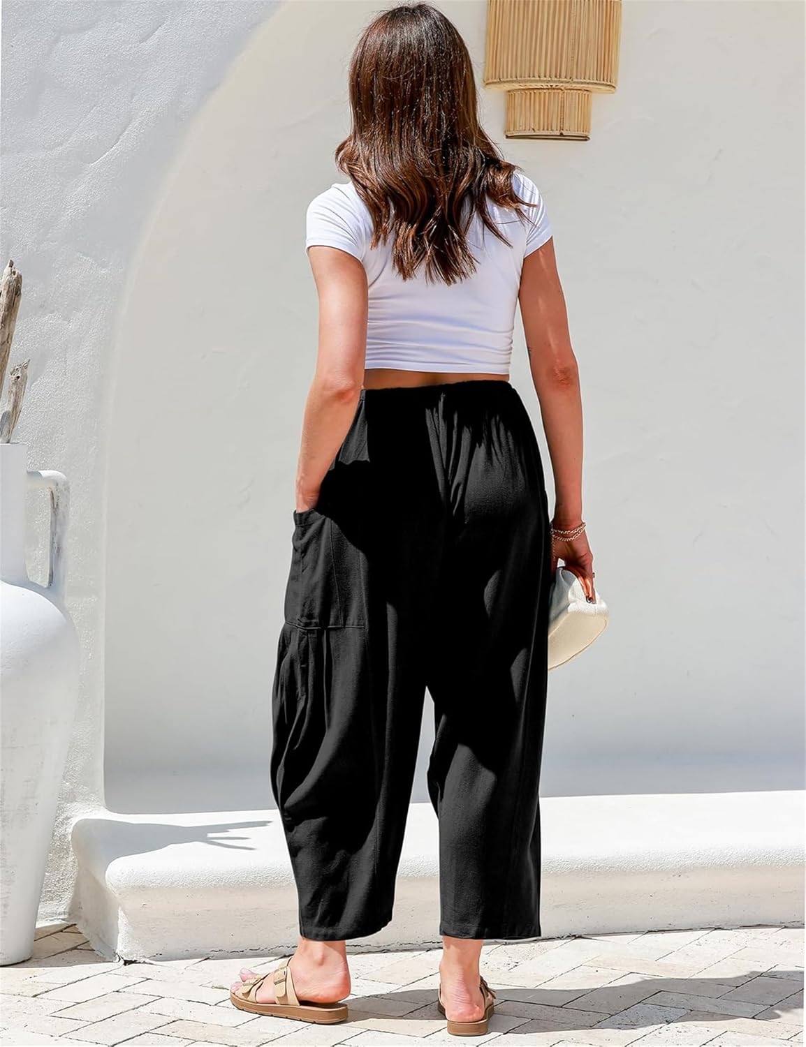 Womens Linen Wide Leg Pants Summer Casual with Pockets