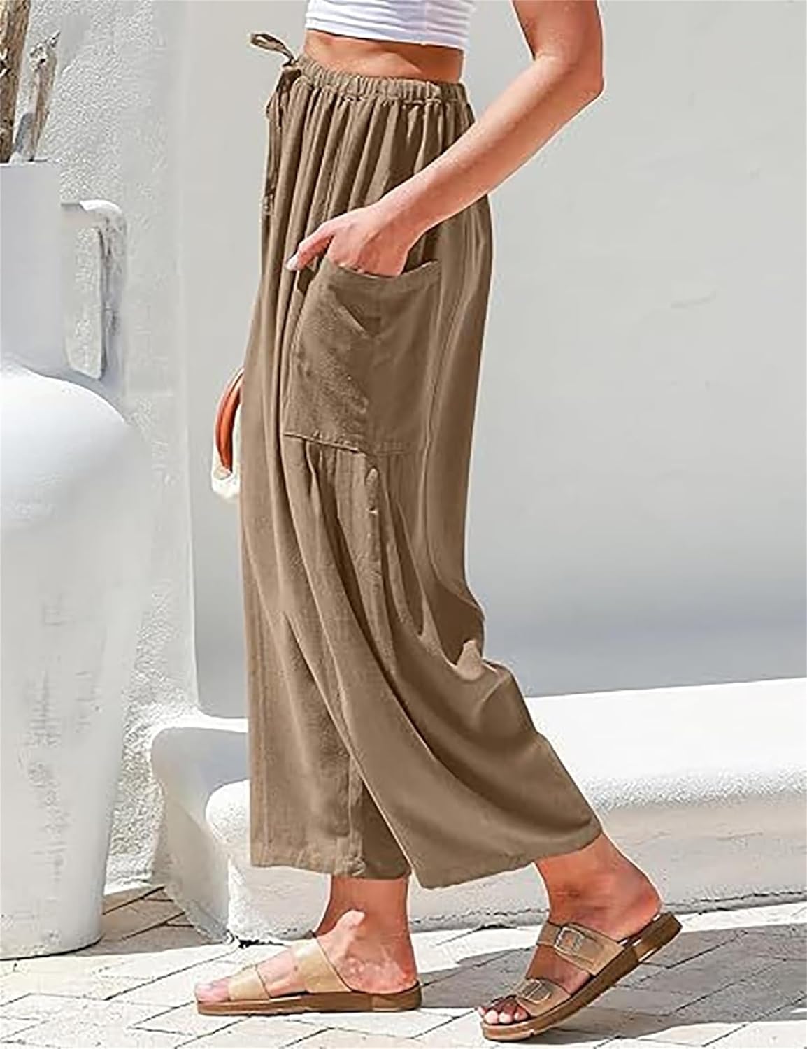 Womens Linen Wide Leg Pants Summer Casual with Pockets
