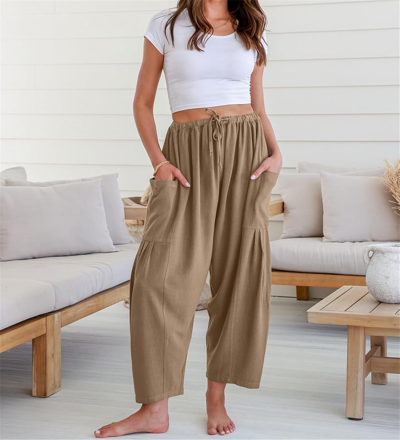 Womens Linen Wide Leg Pants Summer Casual with Pockets