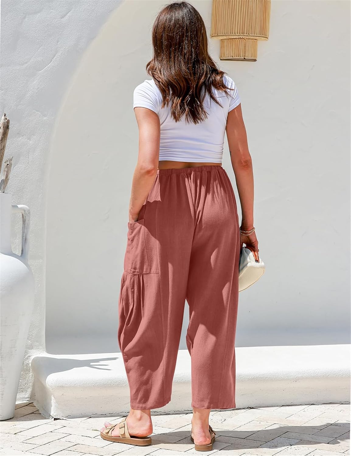 Womens Linen Wide Leg Pants Summer Casual with Pockets