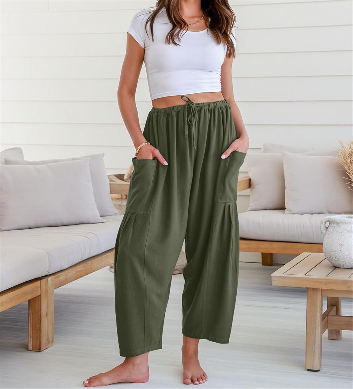 Womens Linen Wide Leg Pants Summer Casual with Pockets
