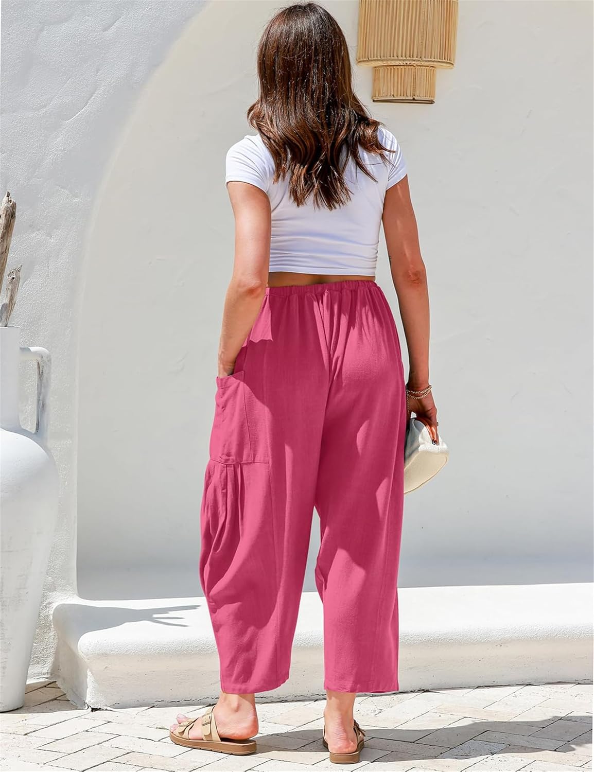 Womens Linen Wide Leg Pants Summer Casual with Pockets
