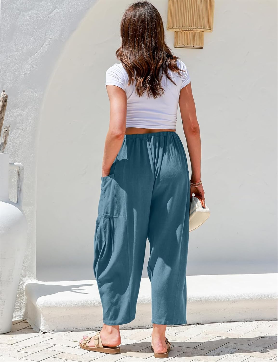 Womens Linen Wide Leg Pants Summer Casual with Pockets
