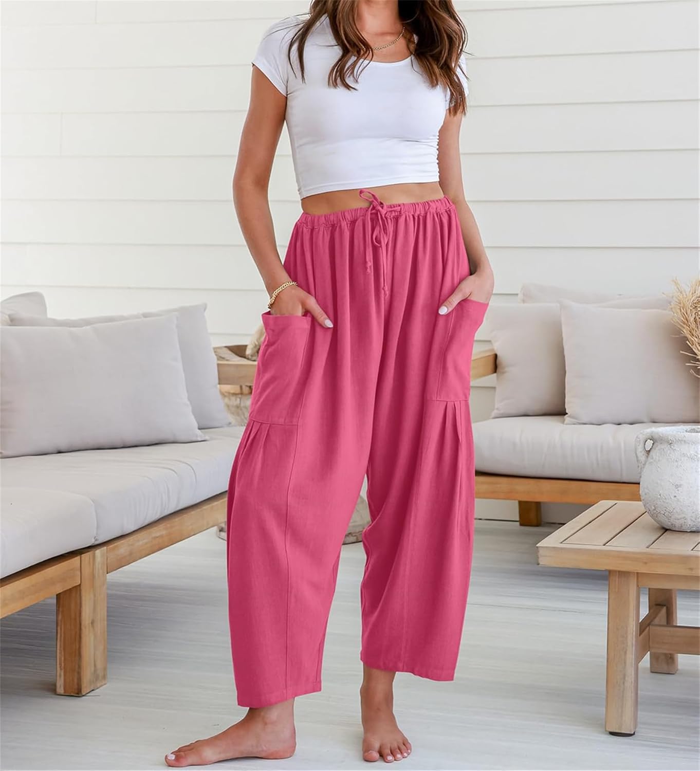 Womens Linen Wide Leg Pants Summer Casual with Pockets
