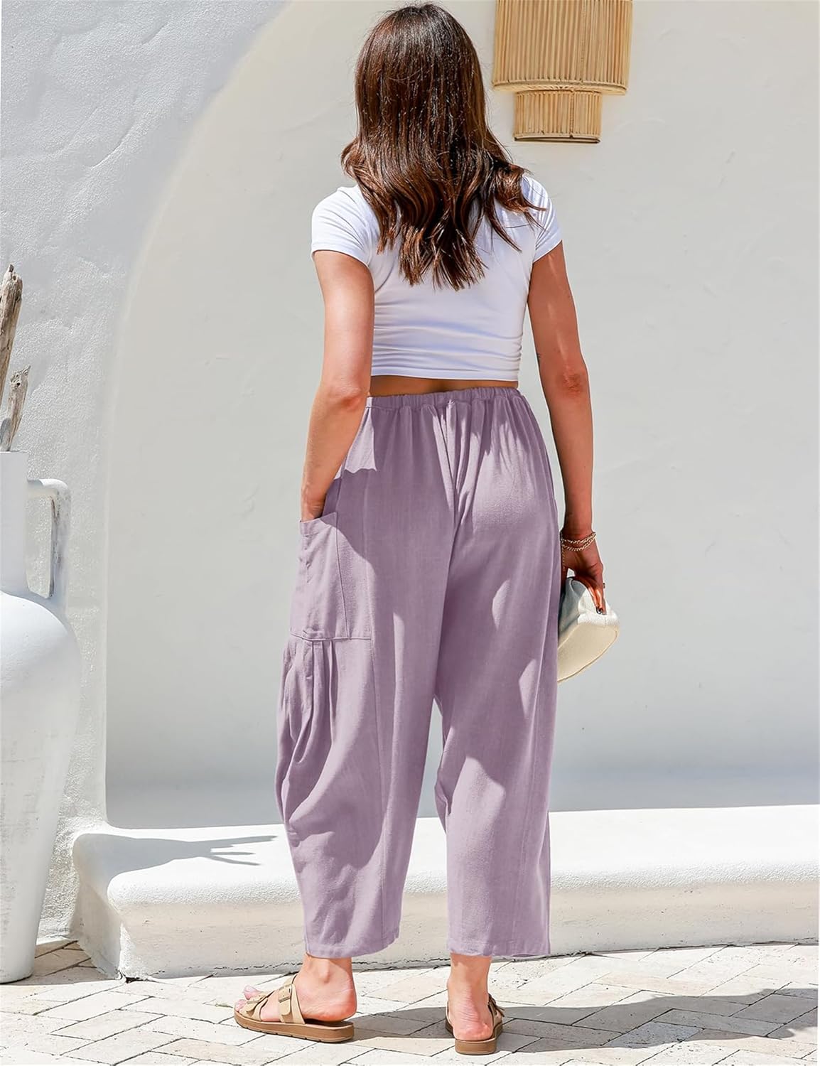 Womens Linen Wide Leg Pants Summer Casual with Pockets