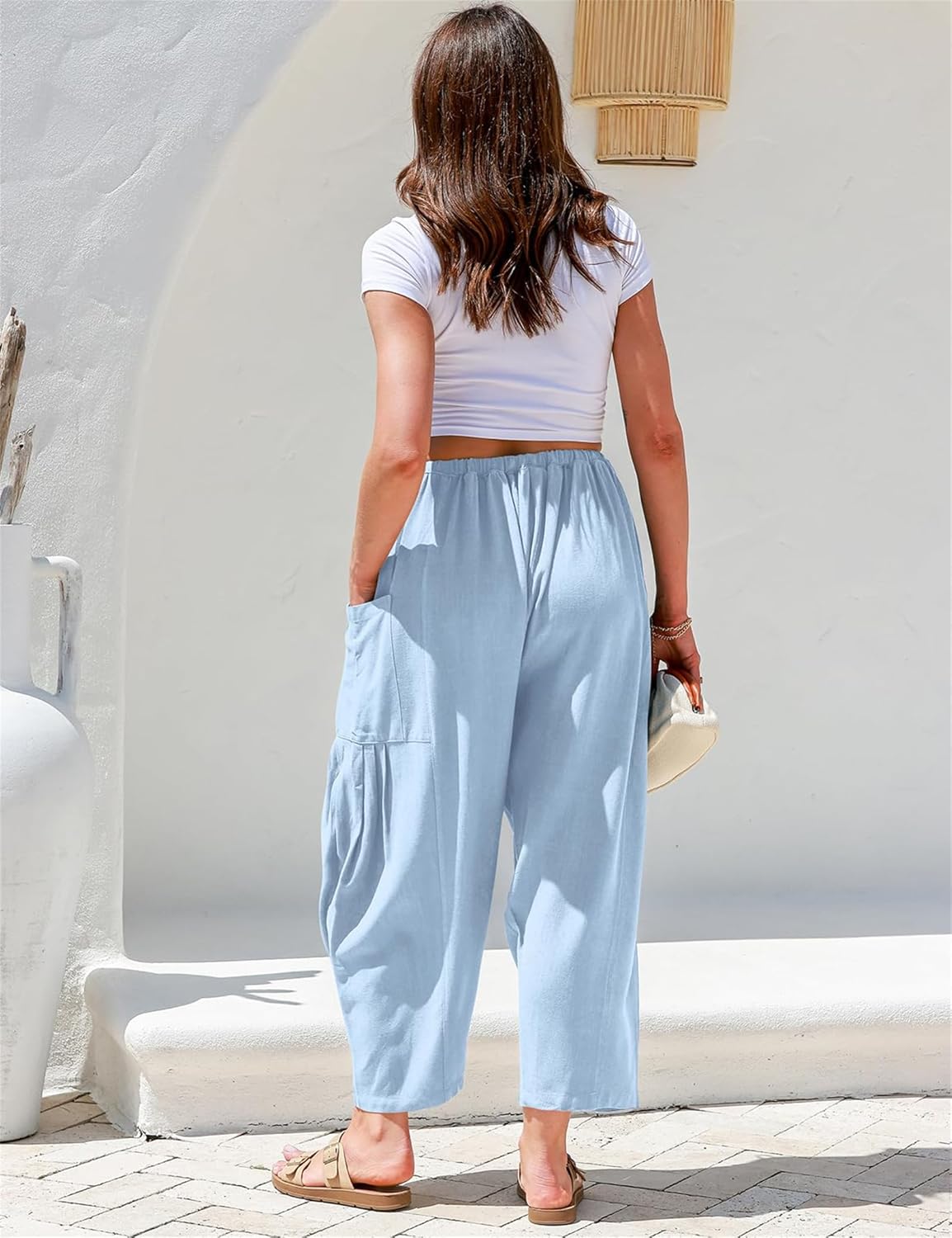 Womens Linen Wide Leg Pants Summer Casual with Pockets