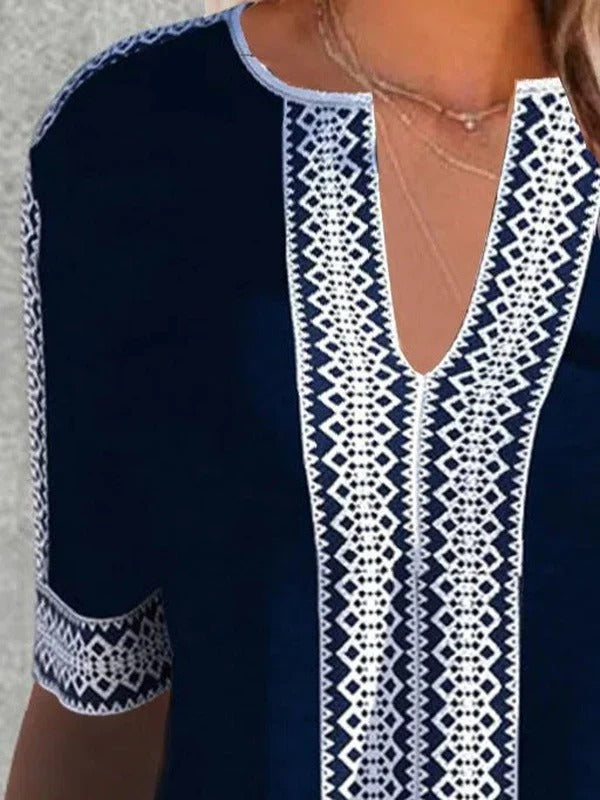 White Fancy Print Navy Blue Tunic Top