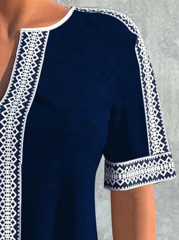 White Fancy Print Navy Blue Tunic Top